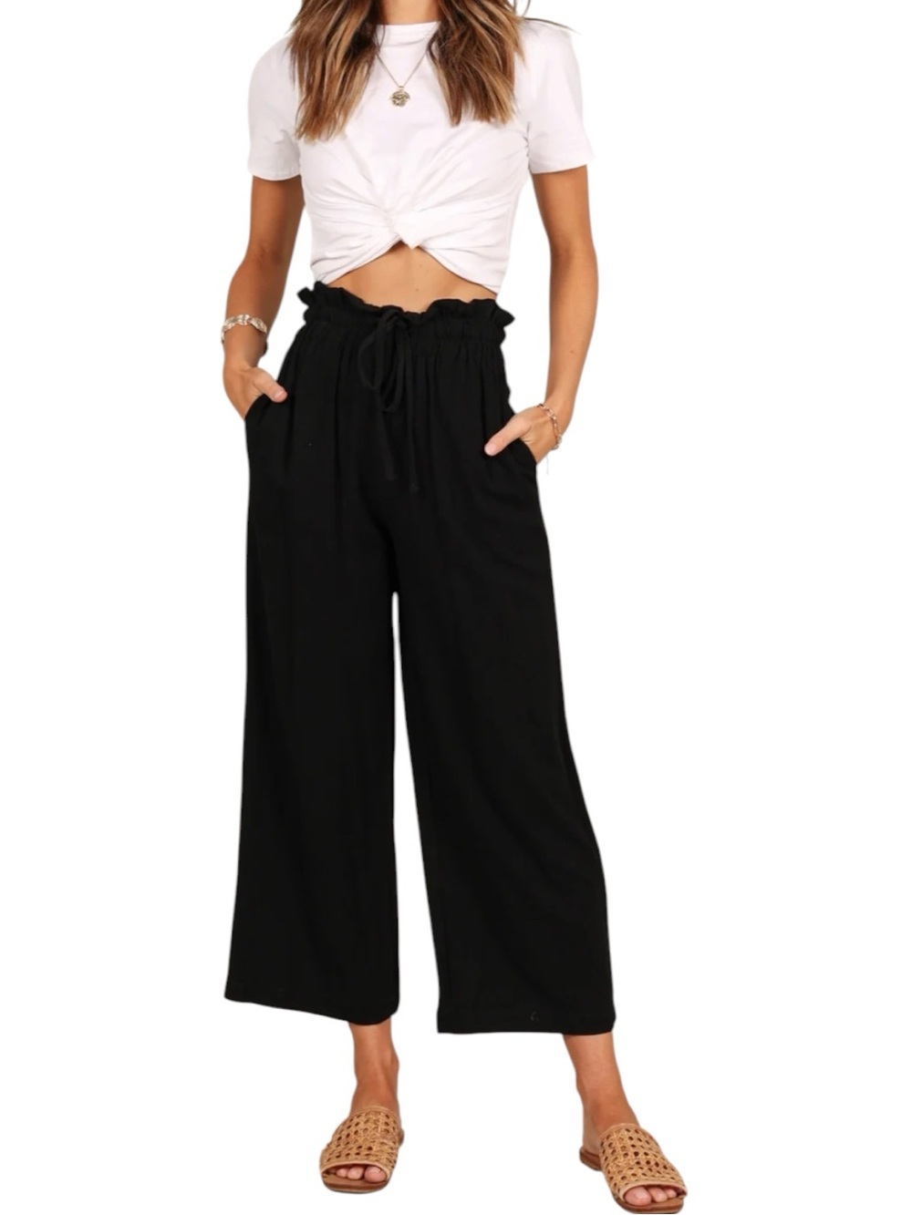 Petal & Pup Hawthorne Pant Wide Leg Paper Bag Waist Sz 4 In Black Linen & Cotton